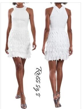 REISS White Flora Feather-Trim Halter Mini Dress Sz 8